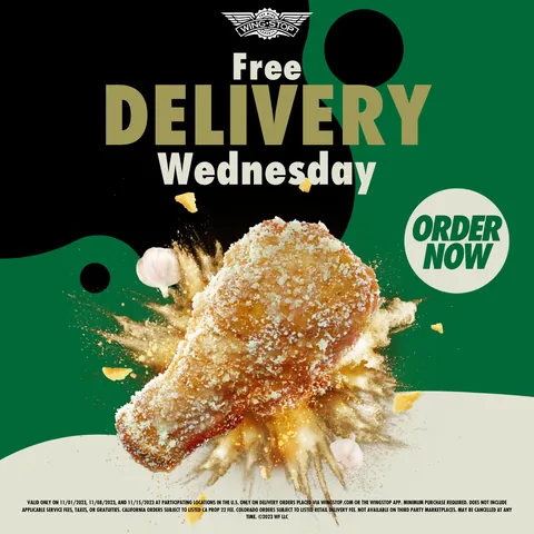 Wingstop Free Delivery Wednesday ad with an exploding wing