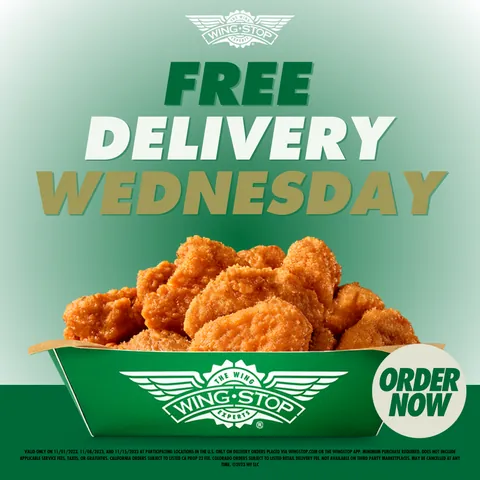 Wingstop Free Delivery Wednesday ad with a tray of wings